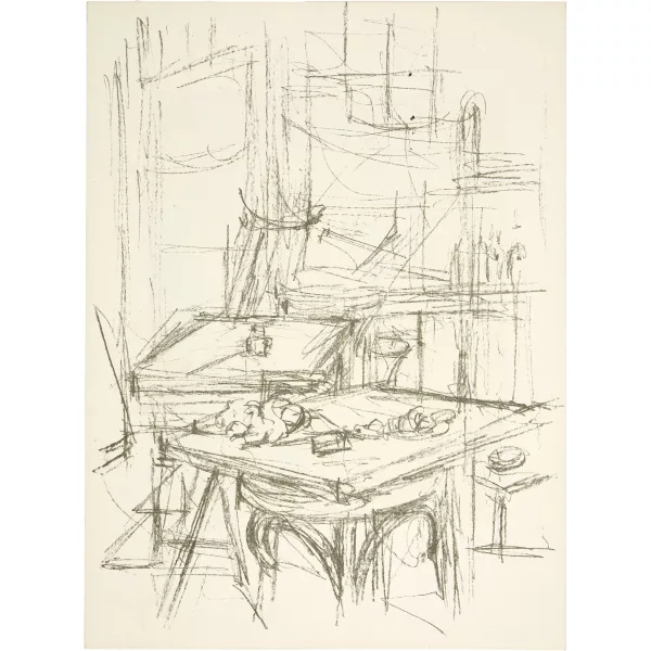 Alberto Giacometti — L'Atelier à la sellette I. - Sellette et tabourets dans l'atelier IV.- Femme nue debout IV. - Tête d'homme II