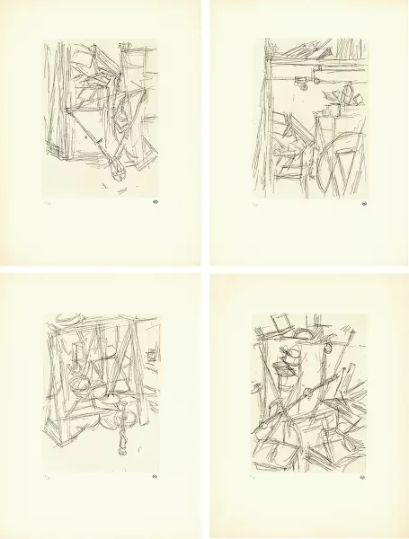 Alberto Giacometti — 4 Radierungen: Tenailles dans l'atelier de Diego; Coin de l'atelier de Diego I; Coin de l'atelier de Diego II; Cisailles dans l'atelier de Diego, 1965