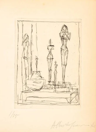 Alberto Giacometti — Sculptures et bol dans l'atelier II Illustration non retenue pour Pierre Loeb, Regard sur la peinture, Paris, 1950 — Galerie Kornfeld