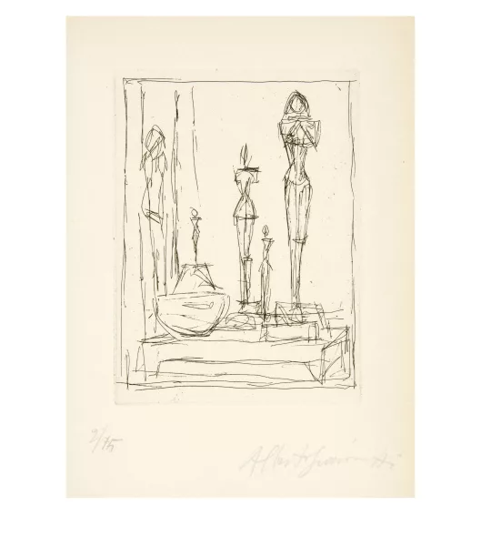 Alberto Giacometti — Sculptures et bol dans l’atelier II