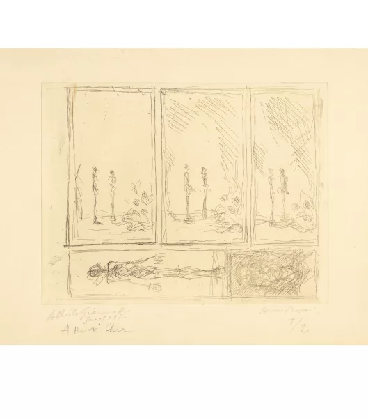 Alberto Giacometti — Planche avec cinq sujets I: Deux figures dans un paysage I, II et III, Nu debout I, Tête de femme