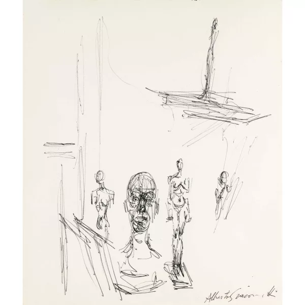 Alberto Giacometti — KOPF MIT FIGUREN - recto HEAD WITH FIGURES - front STEHENDE FIGUR - verso STANDING FIGURE - back