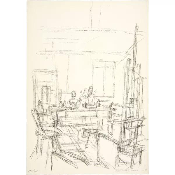 Alberto Giacometti — Sculptures sur la grande table de l'atelier Ã Stampa From: Documenta Geigy. Das Unbehagen in der Kunst