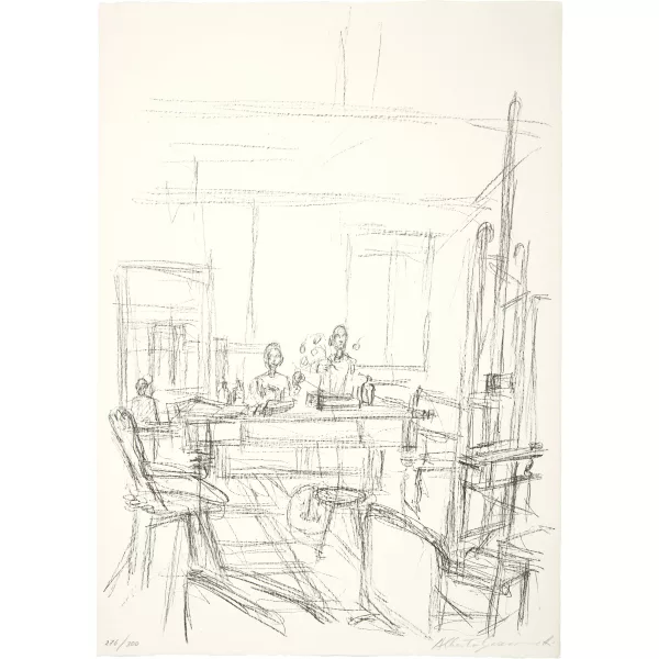 Alberto Giacometti — Sculptures sur la grande table de l'atelier Ã Stampa