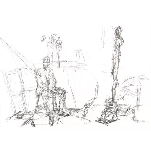 Alberto Giacometti — Seated man and sculpture.