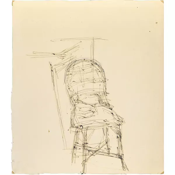 Alberto Giacometti — Chaise dans l'atelier (recto) / Sculpture sur sellette et chaise dans l'atelier (verso) — Galerie Kornfeld