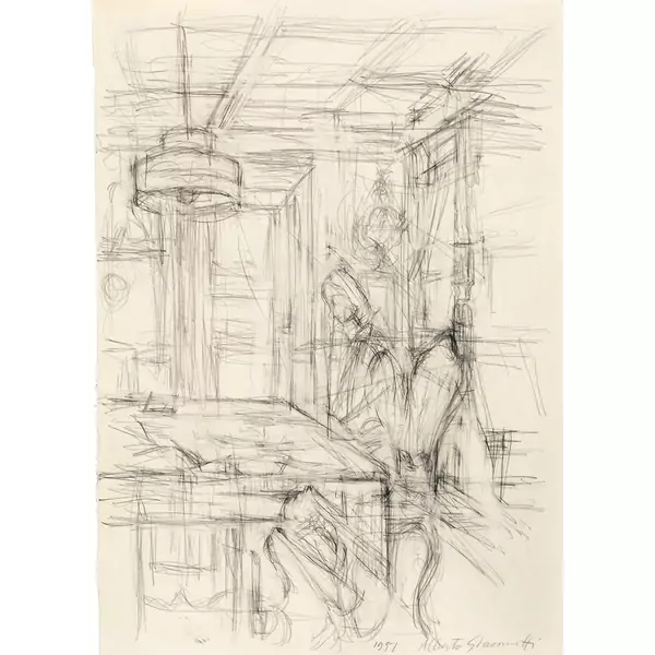 Alberto Giacometti — Annette am Tisch im Wohnzimmer in Stampa — Galerie Kornfeld