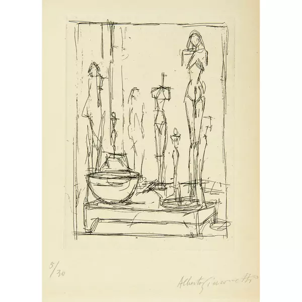 Alberto Giacometti — Sculptures et bol dans l'atelier I — Galerie Kornfeld