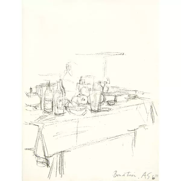 Alberto Giacometti — Table festive avec bouteilles, fruits et verres Blatt 99 der Folge "Paris sans Fin" — Galerie Kornfeld
