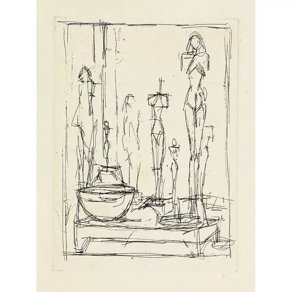 Alberto Giacometti — Sculptures et bol dans l'atelier I — Galerie Kornfeld