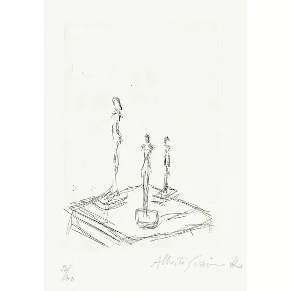 Alberto Giacometti — Trois figurines sur une sellette III — Galerie Kornfeld