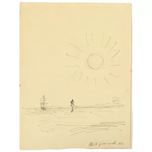 Alberto Giacometti — Paysage avec homme, bateau et soleil — Galerie Kornfeld