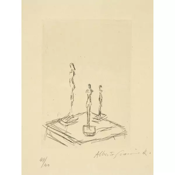 Alberto Giacometti — Trois figurines sur une sellette III — Galerie Kornfeld