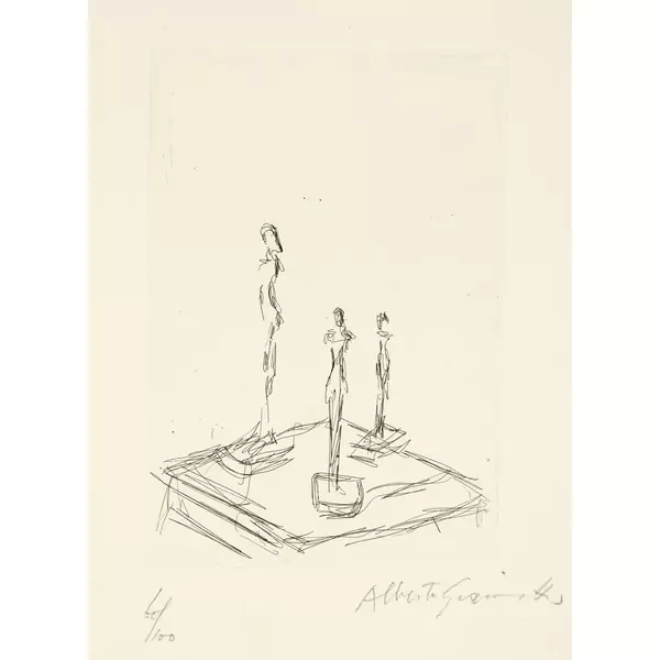 Alberto Giacometti — Trois figurines sur une sellette III — Galerie Kornfeld
