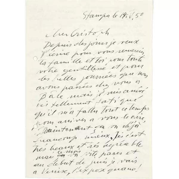 Alberto Giacometti — Eigenhändiger Brief an Christoph Bernoulli, Basel, aus Stampa, 15.V.50 — Galerie Kornfeld