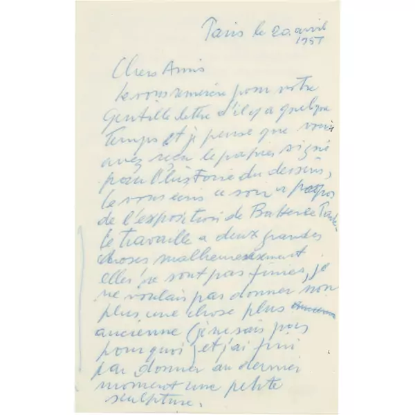 Alberto Giacometti — Handschriftlicher Brief, mit Anschrift "Chers Amis" — Galerie Kornfeld