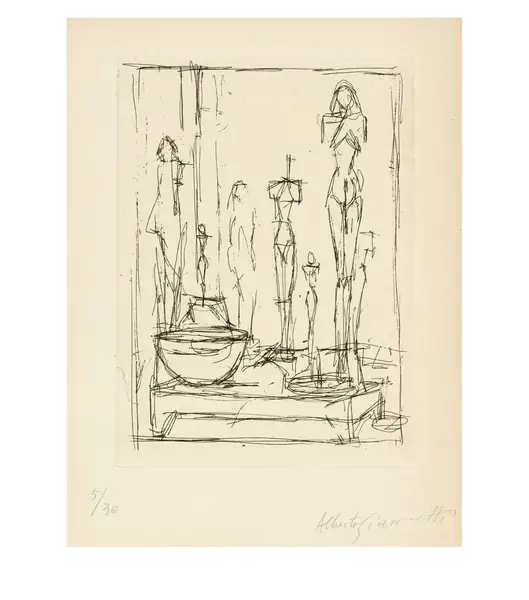 Alberto Giacometti — Sculptures et bol dans l'atelier I — Galerie Kornfeld