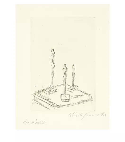 Alberto Giacometti — Trois figurines sur une sellette III — Galerie Kornfeld