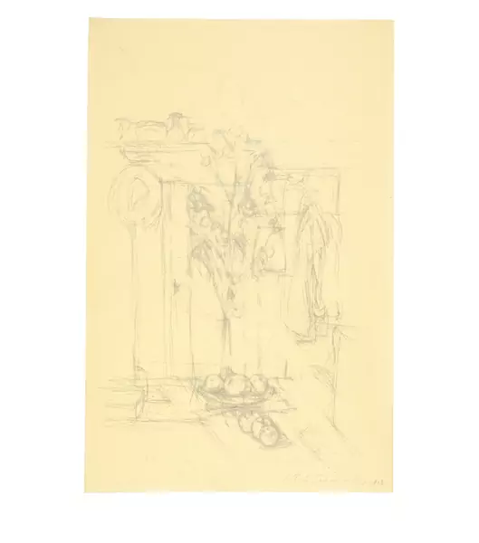 Alberto Giacometti — Bouquet dans un vase devant l'armoire de la salle à manger de Stampa (recto) - Figurine et esquisses de chimères (verso) — Galerie Kornfeld