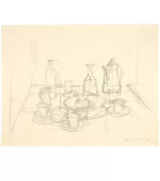 Alberto Giacometti — Nature morte avec pot, tasses, fruits et carafe avec des verres — Galerie Kornfeld