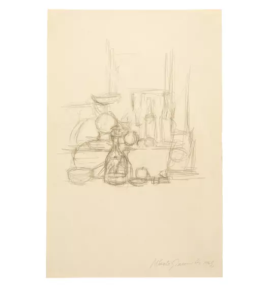 Alberto Giacometti — Stillleben in der Küche des Hauses in Stampa [Dessin dans album 1963 chambres d'hôtel/ intérieurs/ portraits/ divers : Pommes, bouteilles et balance] — Galerie Kornfeld