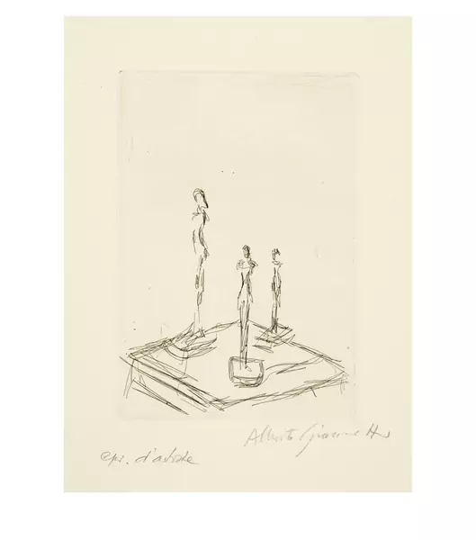 Alberto Giacometti — Trois figurines sur une sellette III — Galerie Kornfeld