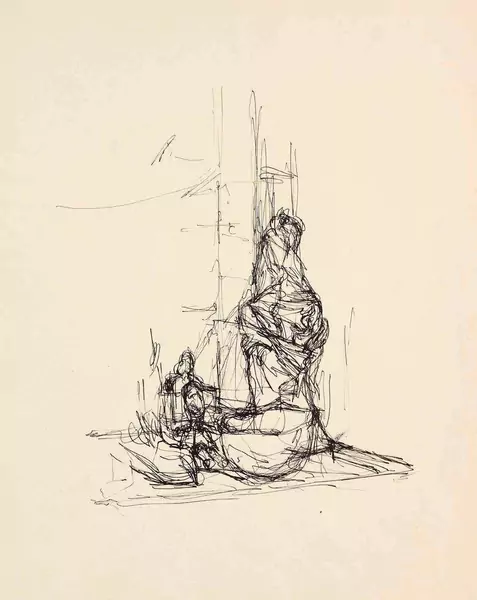 Alberto Giacometti — In nasse Tücher eingeschlagene begonnene Skulptur im Atelier — Galerie Kornfeld