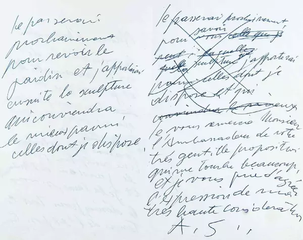 Alberto Giacometti — Eigenhändiger Briefentwurf, mit Streichungen und Einschüben, signiert «A.G.». Ohne Ort und Datum [wohl Paris ca. 1961]. — Galerie Kornfeld