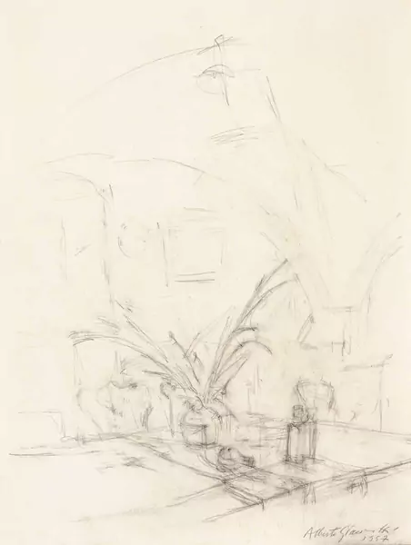 Alberto Giacometti — Blumenstrauss auf dem grossen Tisch in der «salina» neben der Küche im Haus in Stampa – Intérieur à Stampa — Galerie Kornfeld