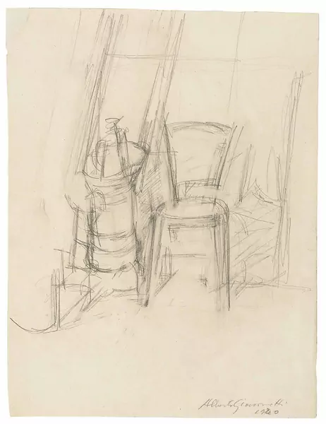 Alberto Giacometti — Atelierecke, Stuhl und kleiner Ofen — Galerie Kornfeld