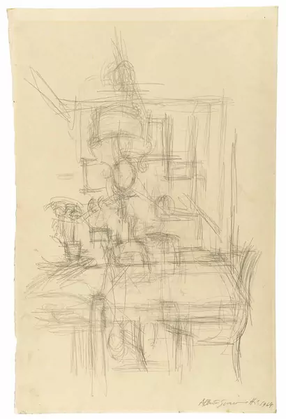 Alberto Giacometti — Das Wohnzimmer in Stampa mit Tisch und Deckenlampe — Galerie Kornfeld