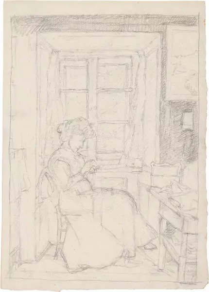 Alberto Giacometti — La Mère cousant à la fenêtre Die Mutter Annetta, in ganzer Figur, sitzend nach rechts, im Wohnzimmer im Hause in Stampa — Galerie Kornfeld
