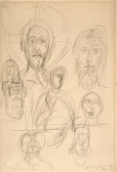 Alberto Giacometti — Têtes: copies d’après des œuvres médiévales, égyptiennes et modernes – Verso: Tête de Diego au chapeau — Galerie Kornfeld
