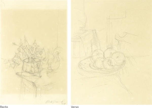 Alberto Giacometti — Fleurs d'automne dans un vase, 1958 - recto Cinq pommes dans un plat - verso