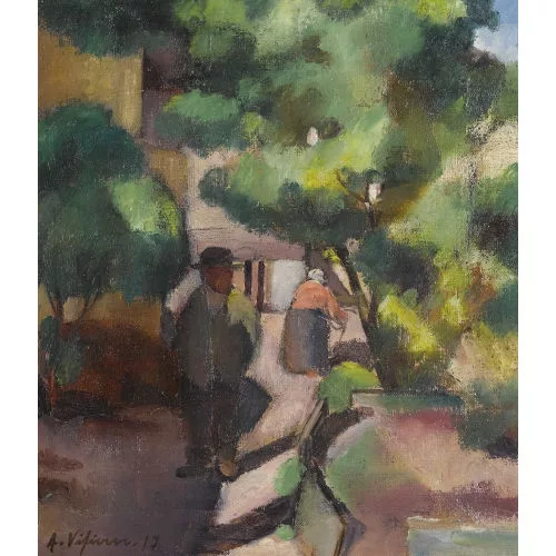 Albin Vifian — Gartenpartie mit Bauernpaar.