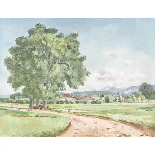Albin Vifian — Sommerliche Wegpartie mit Dorf.