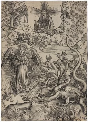 Albrecht Dürer — Das Sonnenweib und der siebenköpfige Drache. Tafel aus der Apokalypse, 1498