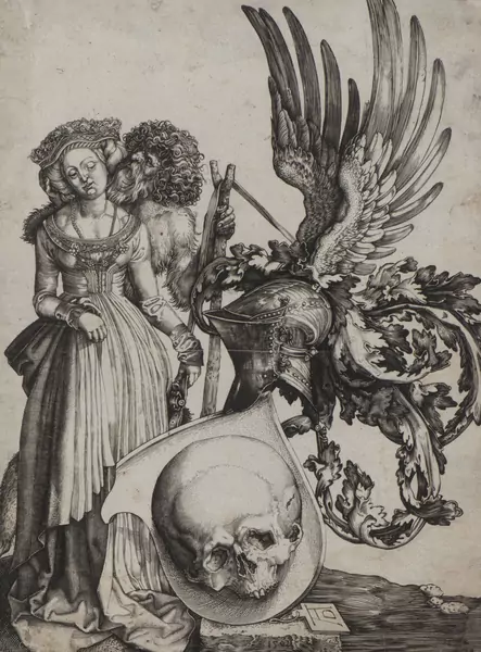 Albrecht DÜRER (1471-1528), "Blason avec crâne et l'homme des bois amoureux d'une princesse" — DognyAuction