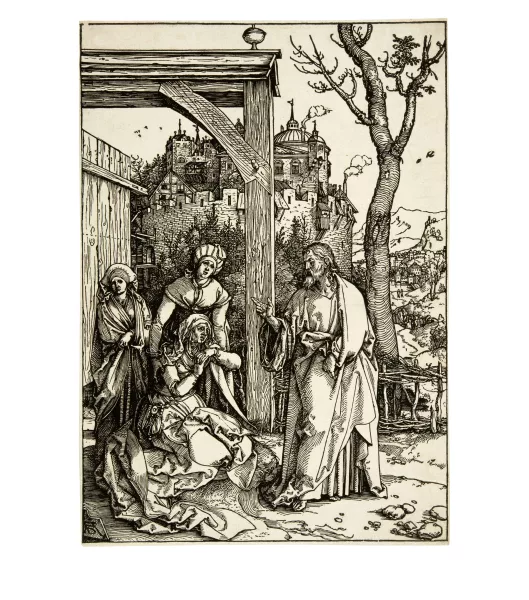 Albrecht Dürer — Christus nimmt Abschied von seiner Mutter - Christ Taking Leave from his Mother Sheet 17 from the series "The Life of the Virgin". Early print