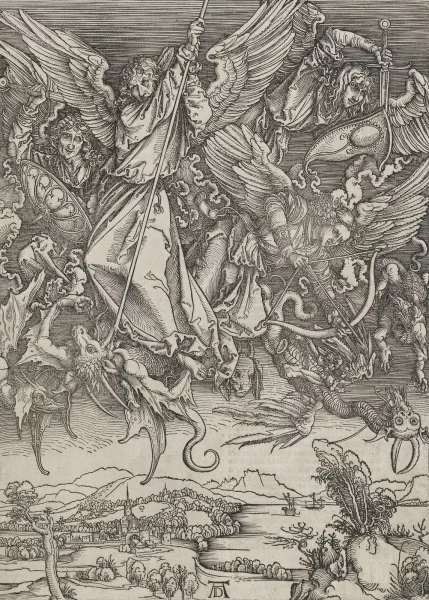Albrecht Dürer — Saint Michel combattant le dragon. Planche de la série L'Apocalypse