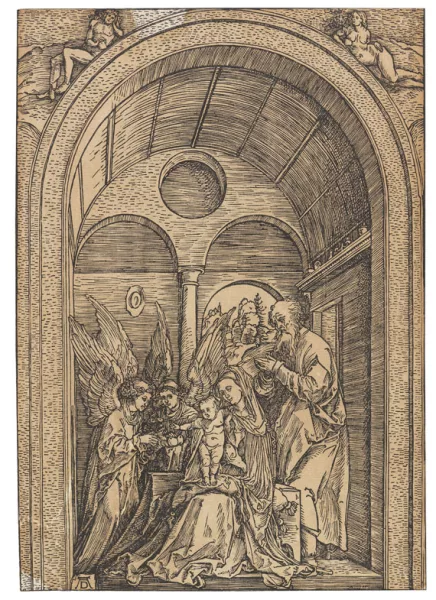 Albrecht Dürer — Die Heilige Familie mit zwei Engeln in der gewölbten Halle