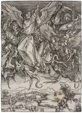 Albrecht Dürer — Michaels Kampf mit dem Drachen. Tafel aus der Apokalypse, 1498