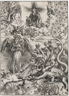 Albrecht Dürer — Das Sonnenweib und der siebenköpfige Drache. Tafel aus der Apokalypse, 1498