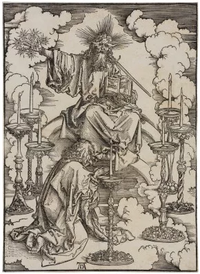 Albrecht Dürer — Johannes erblickt die sieben Leuchter. Tafel aus der Apokalypse, 1498