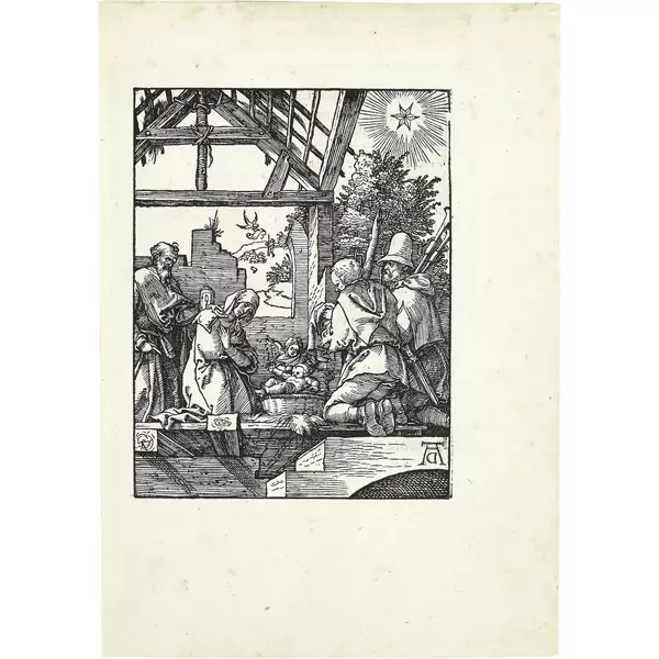 Albrecht Dürer — Die Geburt Christi Blatt 1 der Folge "Die kleine Holzschnittpassion" — Galerie Kornfeld