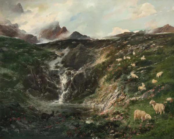 Alexander Soldenhoff — Alplandschaft mit weidenden Schafen, 1897