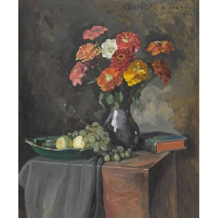 Stillleben mit Blumen, Trauben und Buch
