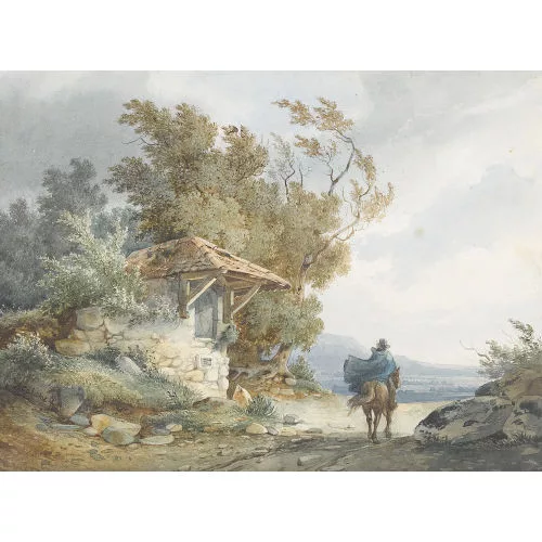 Alexandre Calame — Wegkapelle am Genfersee mit Reiter.