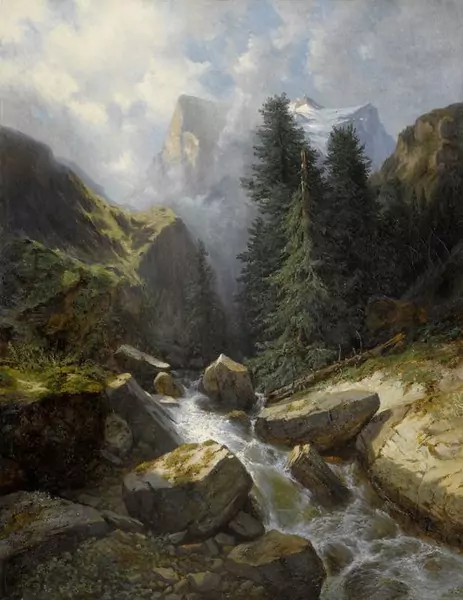 ALEXANDRE CALAME — Sicht auf das Well- und Wetterhorn von der Rosenlaui aus. Um 1858. — Koller Auktionen