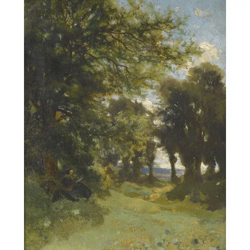 Alexandre Calame — Sonniger Hain mit lesender Frau.